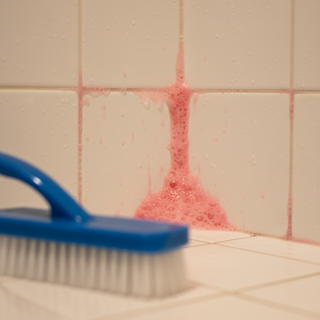 Close-up of pink slime, the bacteria Serratia marcescens, growing on white shower grout lines.
