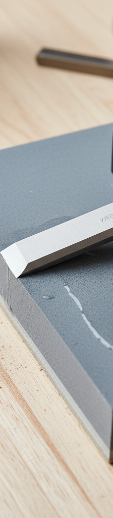 A perfectly sharpened chisel with a mirror-like polish on its micro-bevel, resting next to a chisel honing guide on a piece of glass with sandpaper.