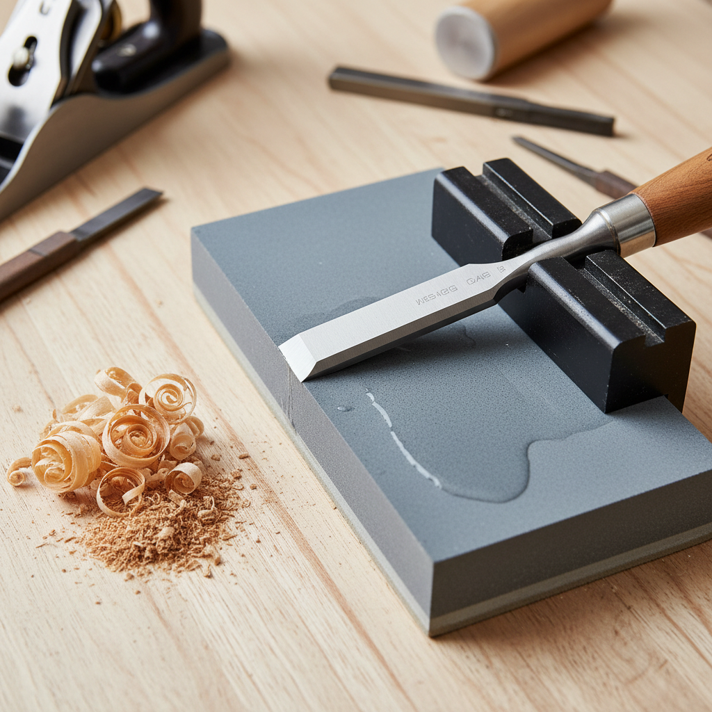 A perfectly sharpened chisel with a mirror-like polish on its micro-bevel, resting next to a chisel honing guide on a piece of glass with sandpaper.