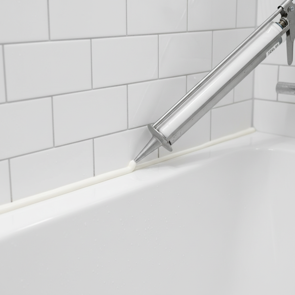A pristine, white concave caulk bead at the seam between a bathtub and white subway tile.