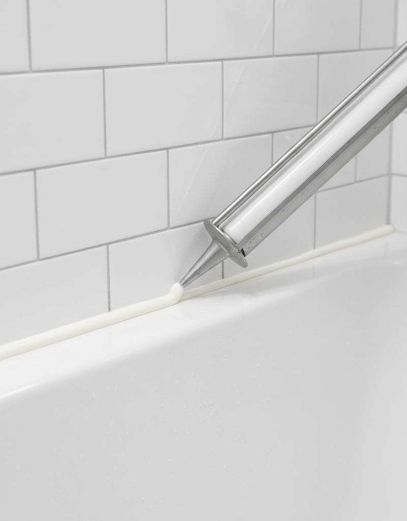 A pristine, white concave caulk bead at the seam between a bathtub and white subway tile.