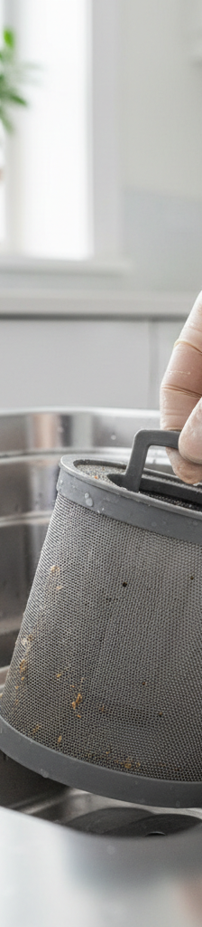 A homeowner's hands twisting open the cylindrical filter at the bottom of a dishwasher tub.