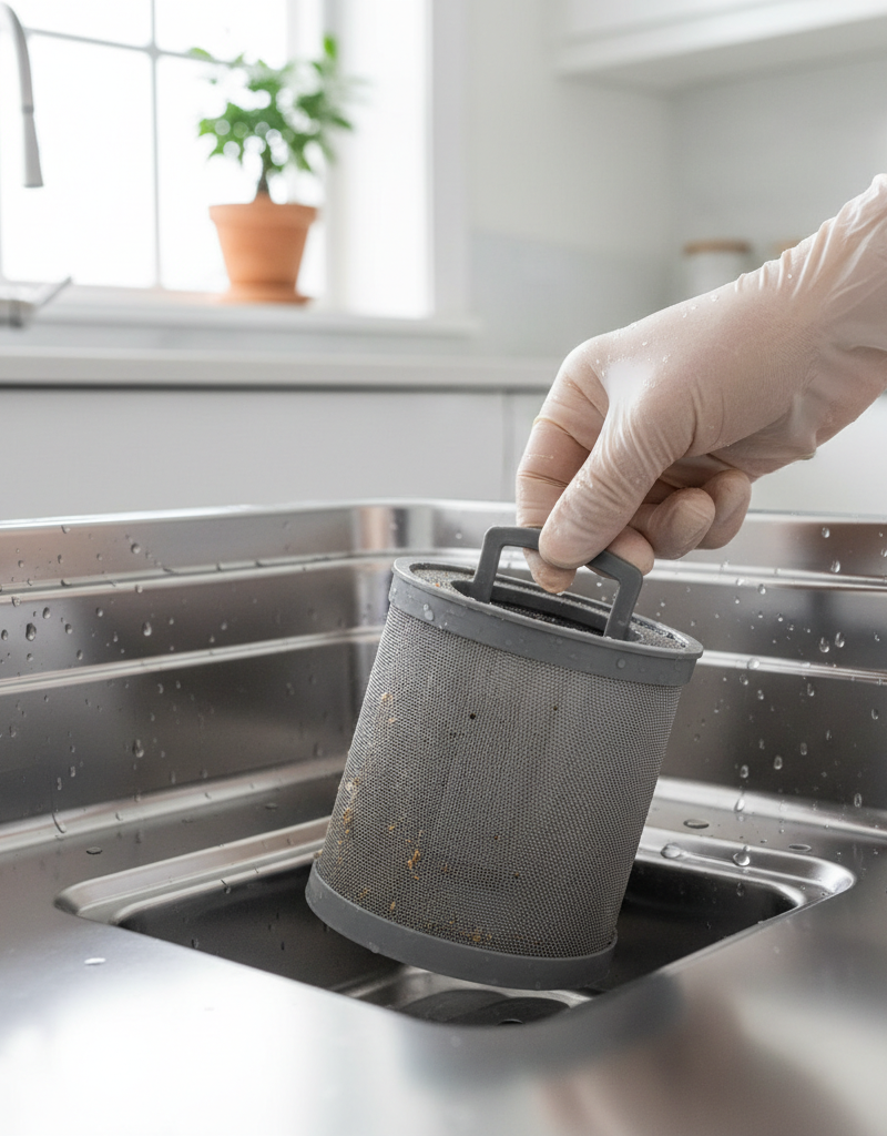 A homeowner's hands twisting open the cylindrical filter at the bottom of a dishwasher tub.