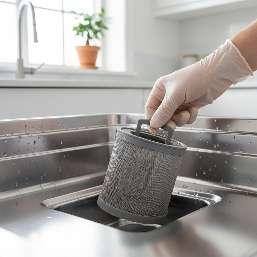 A homeowner's hands twisting open the cylindrical filter at the bottom of a dishwasher tub.