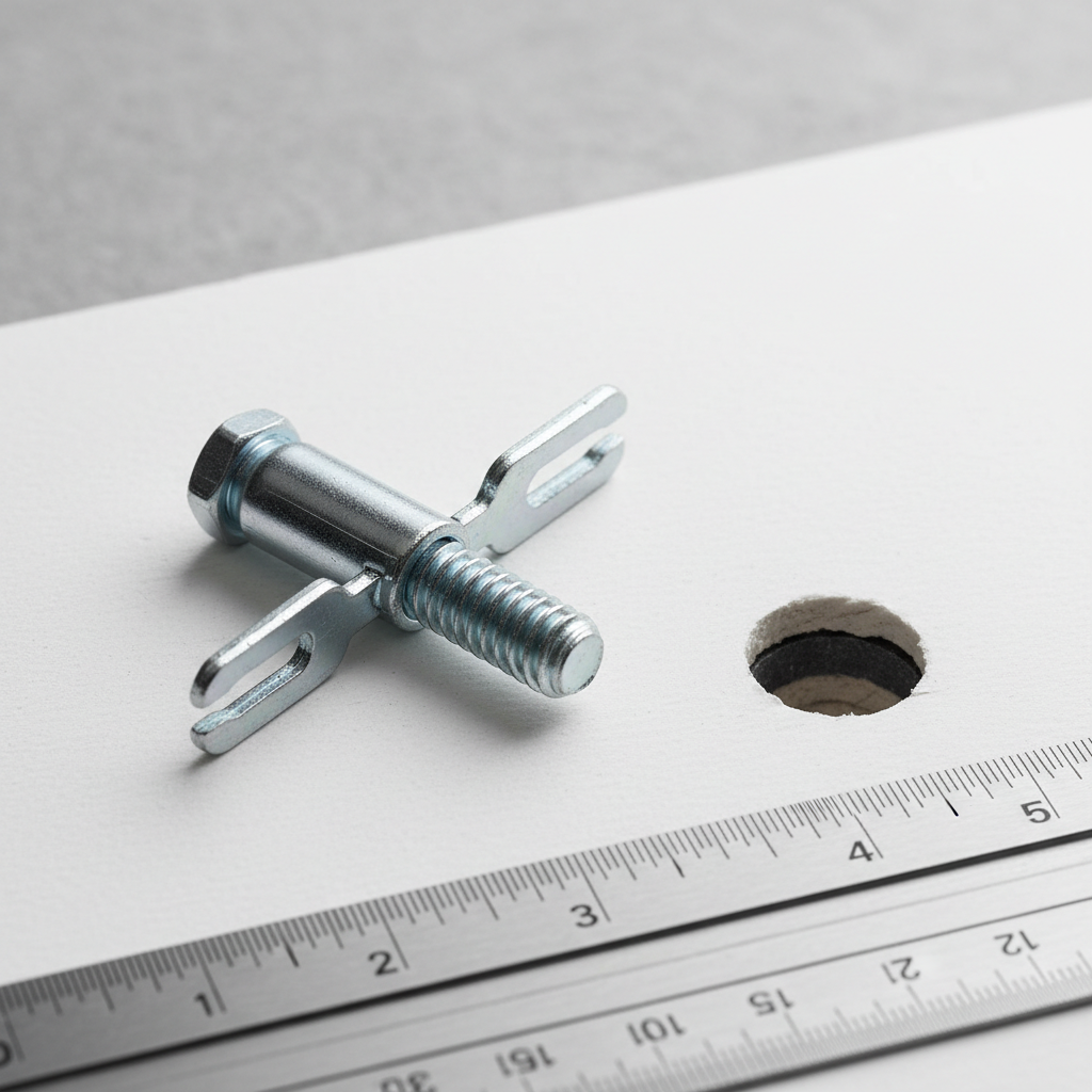 A cutaway diagram showing a toggle bolt anchor with its wings fully opened behind a sheet of drywall.
