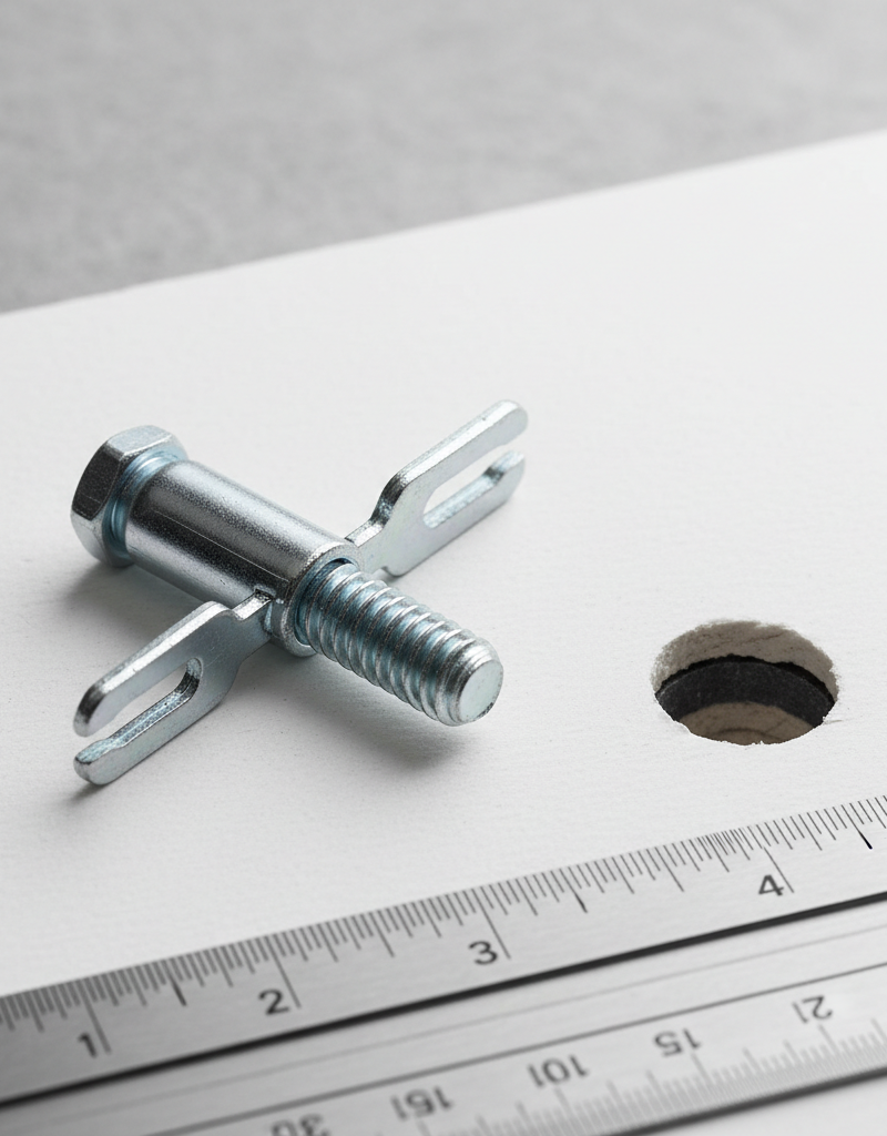 A cutaway diagram showing a toggle bolt anchor with its wings fully opened behind a sheet of drywall.