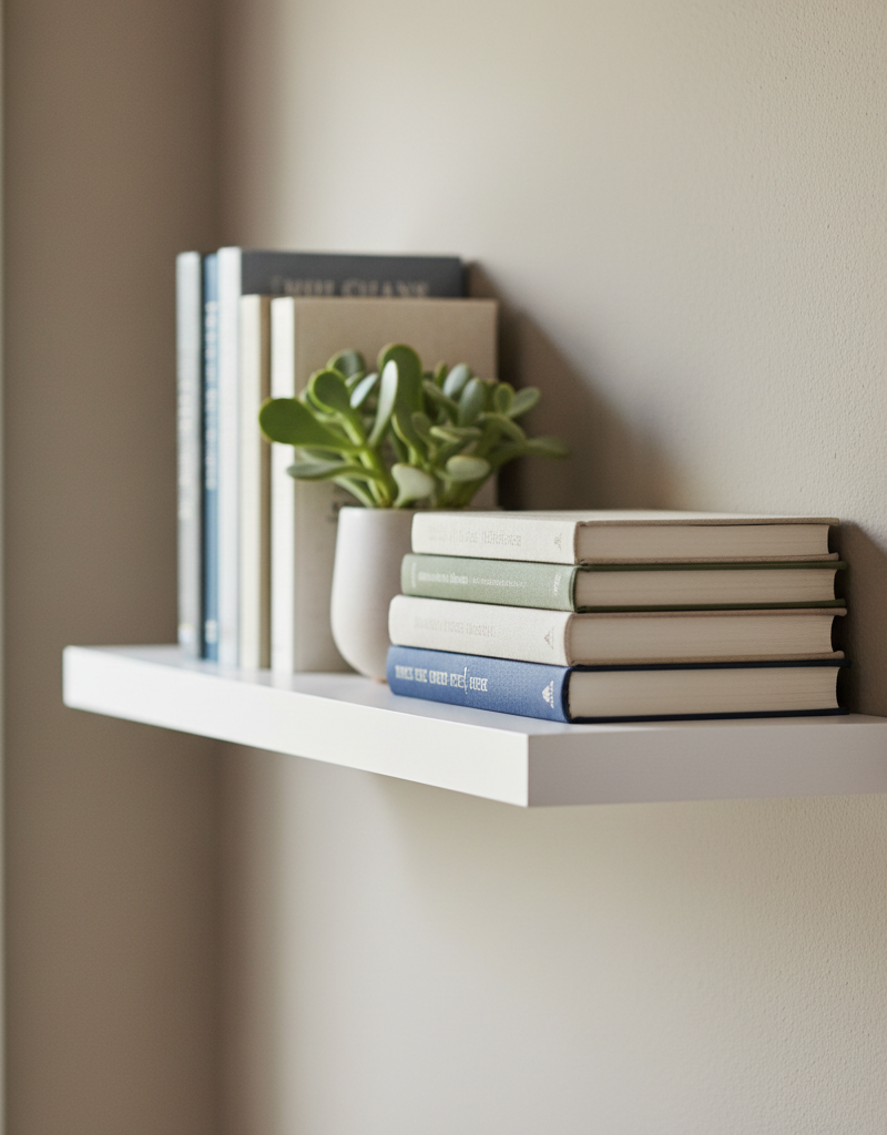 A close-up shot of a properly installed heavy-duty floating shelf bracket mounted securely to a wall stud