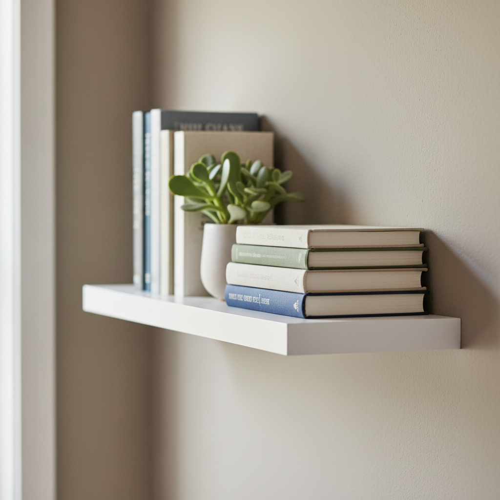 A close-up shot of a properly installed heavy-duty floating shelf bracket mounted securely to a wall stud