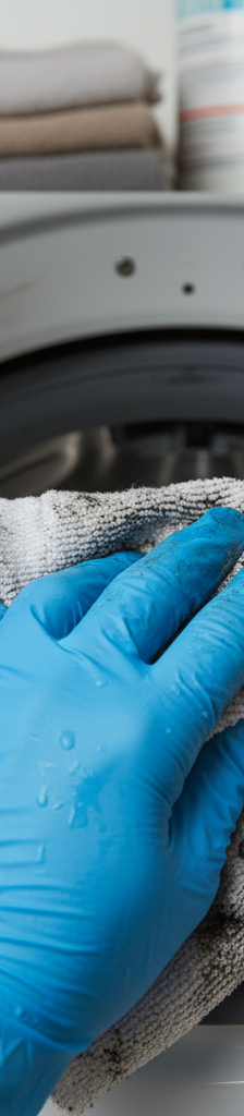 A person wearing yellow rubber gloves peels back the gray rubber gasket of a front-load washing machine, revealing black mildew underneath.