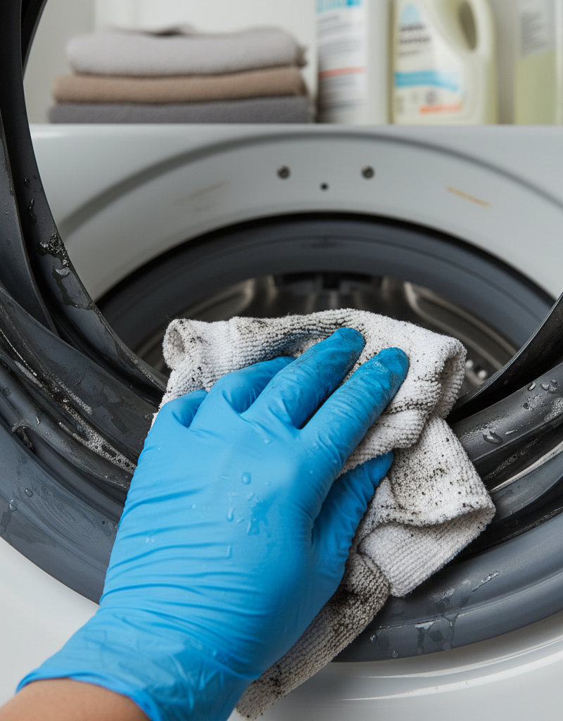 A person wearing yellow rubber gloves peels back the gray rubber gasket of a front-load washing machine, revealing black mildew underneath.