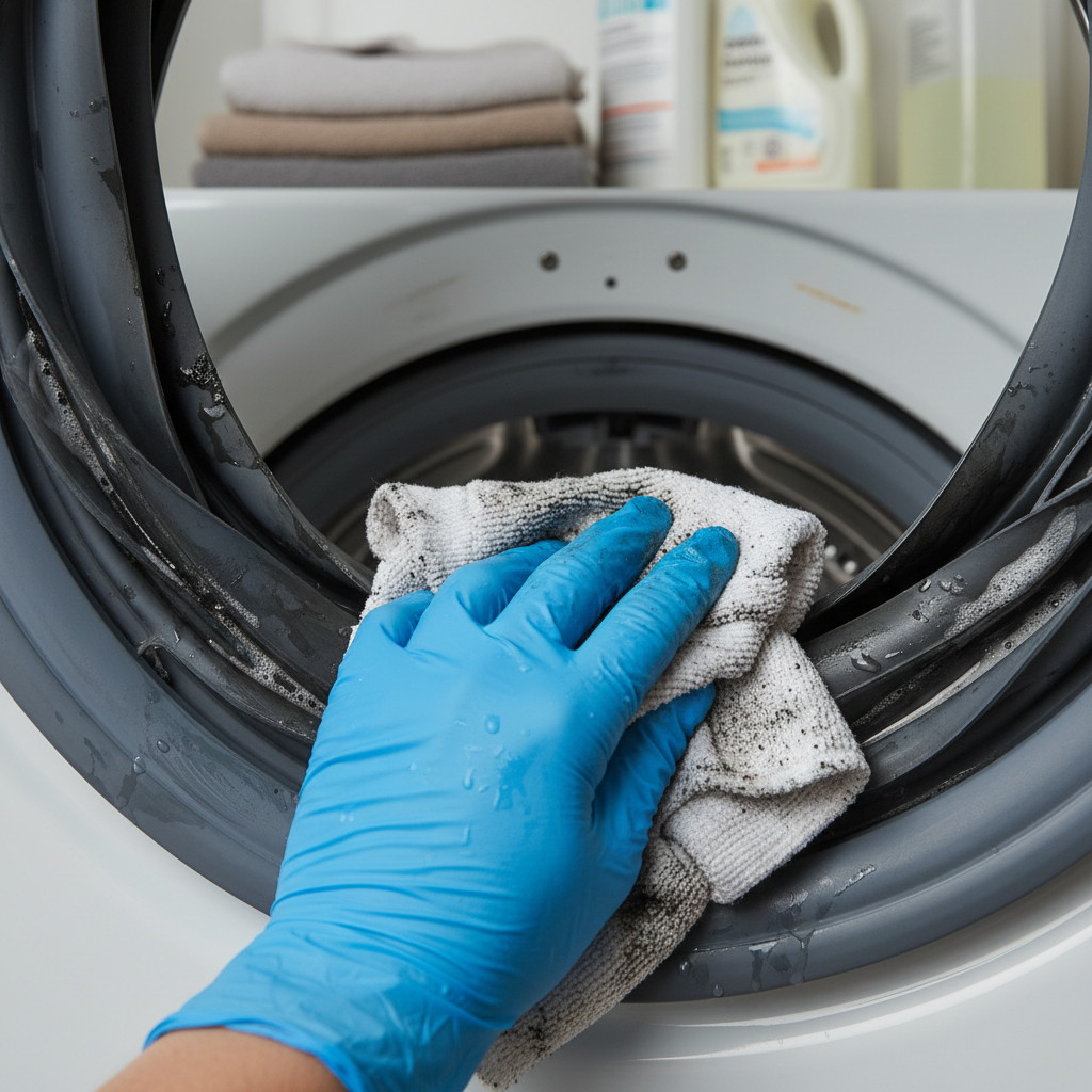 A person wearing yellow rubber gloves peels back the gray rubber gasket of a front-load washing machine, revealing black mildew underneath.