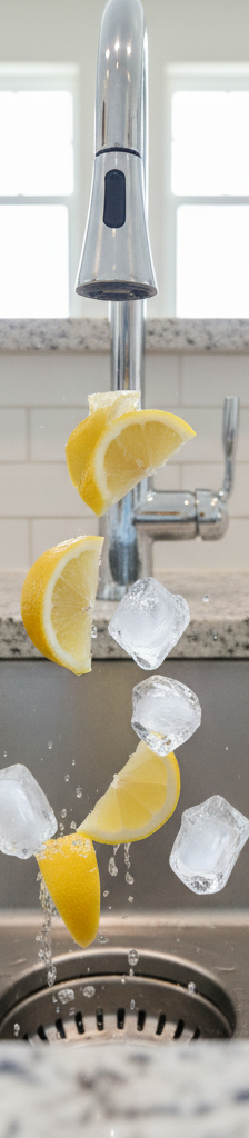 A clean stainless steel kitchen sink with a garbage disposal drain, with a lemon and ice cubes next to it.