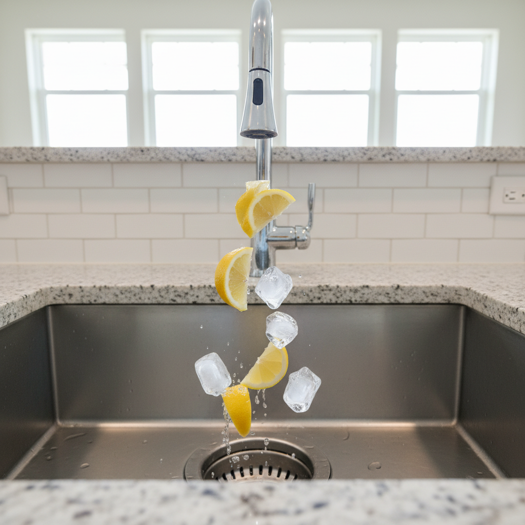 A clean stainless steel kitchen sink with a garbage disposal drain, with a lemon and ice cubes next to it.