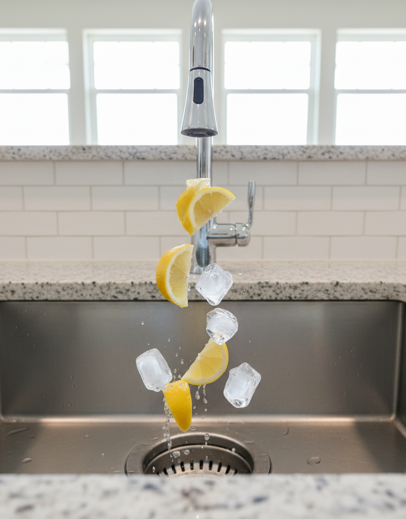 A clean stainless steel kitchen sink with a garbage disposal drain, with a lemon and ice cubes next to it.