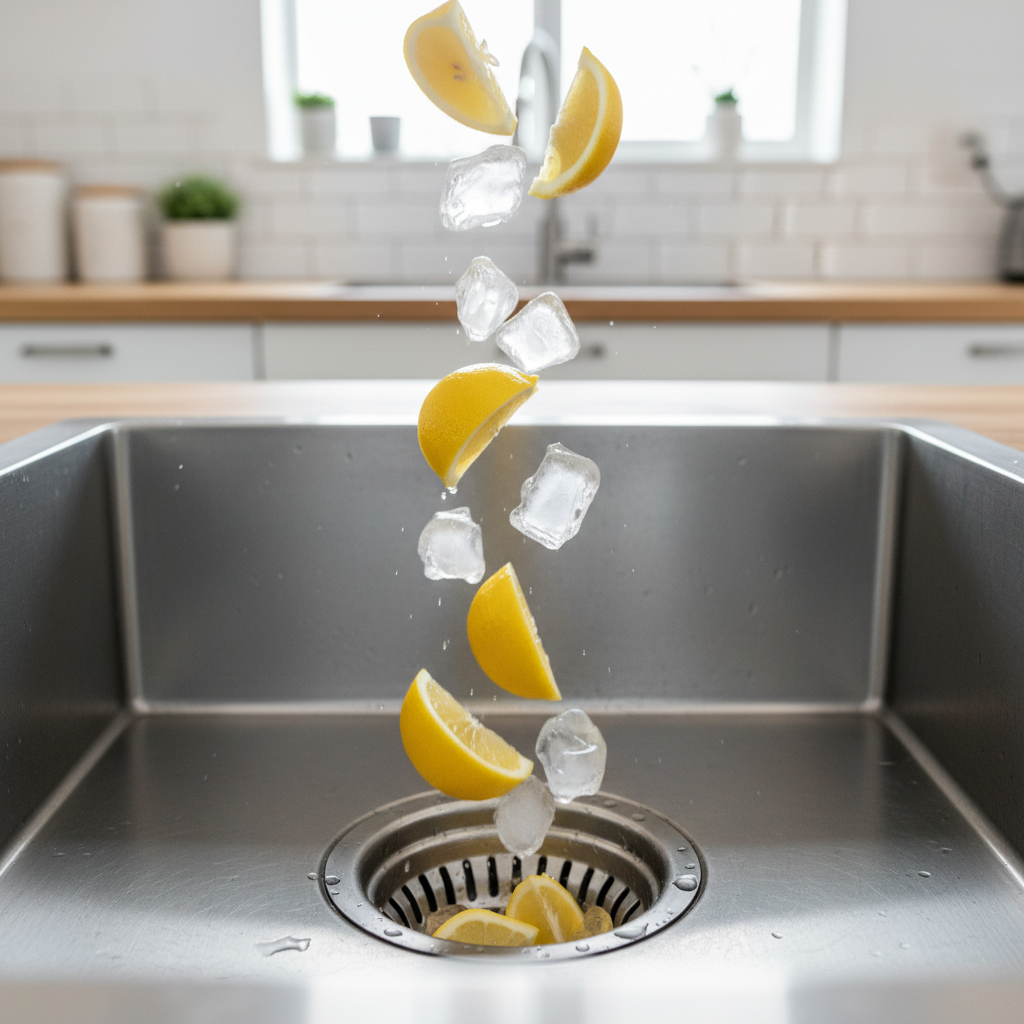 A clean stainless steel kitchen sink with a garbage disposal drain, with fresh lemon and orange peels and ice cubes next to it.