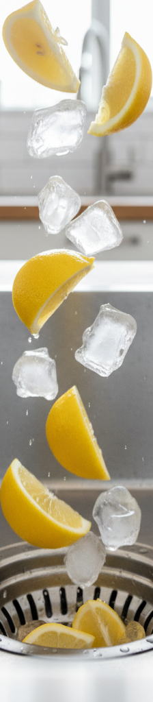 A clean stainless steel kitchen sink with a garbage disposal drain, with fresh lemon and orange peels and ice cubes next to it.