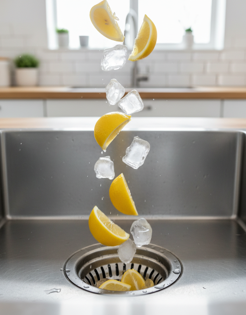 A clean stainless steel kitchen sink with a garbage disposal drain, with fresh lemon and orange peels and ice cubes next to it.