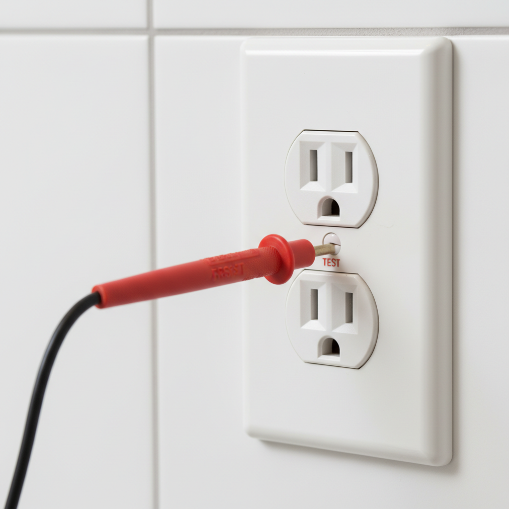 A close-up of a white GFCI outlet with the red and black buttons visible, installed in a kitchen backsplash.