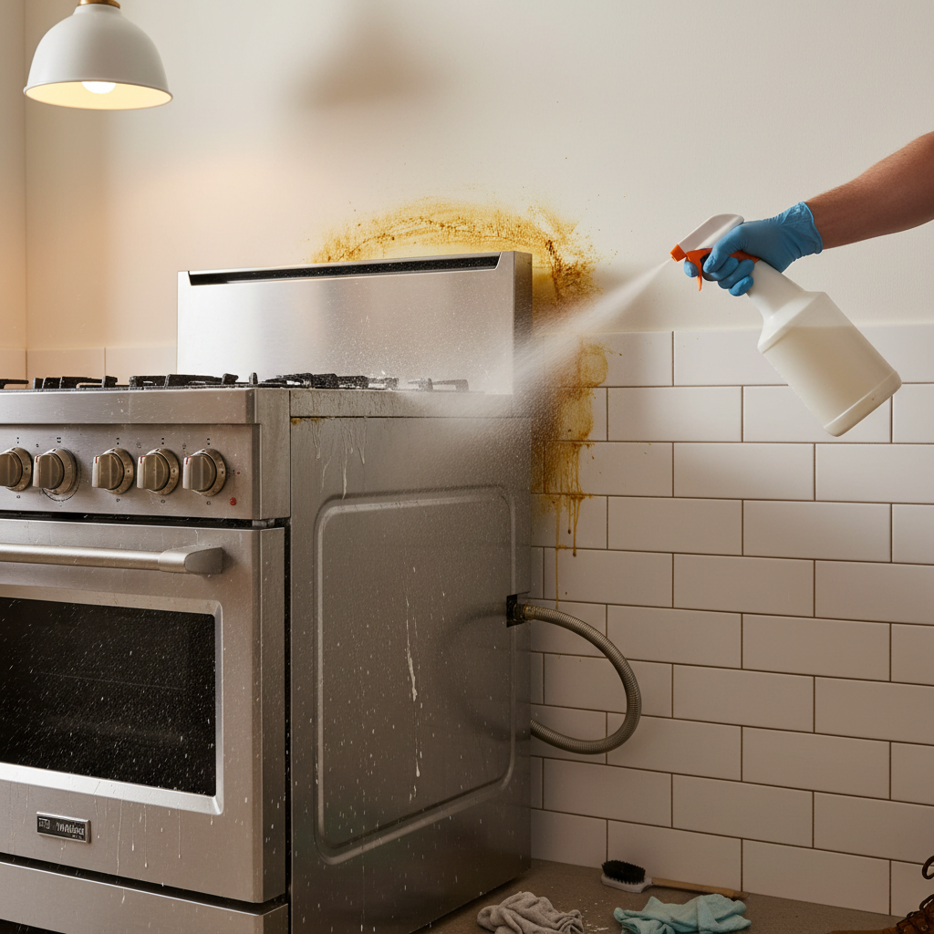 A person wearing yellow rubber gloves cleaning a greasy, sticky wall behind a moved kitchen stove.