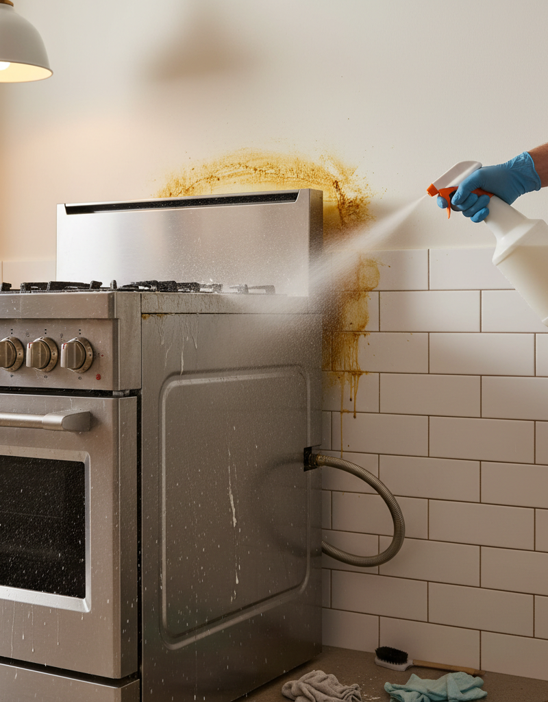 A person wearing yellow rubber gloves cleaning a greasy, sticky wall behind a moved kitchen stove.