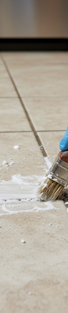 A dramatic before-and-after shot of a tile floor, with one side showing dark, dirty grout and the other showing bright, clean grout lines.