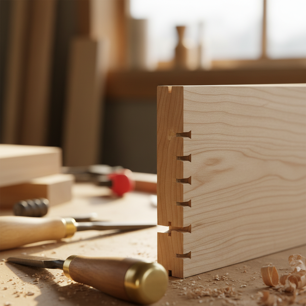 A close-up of a perfectly interlocked hand-cut dovetail joint in walnut and maple, showing the tight fit between pins and tails.