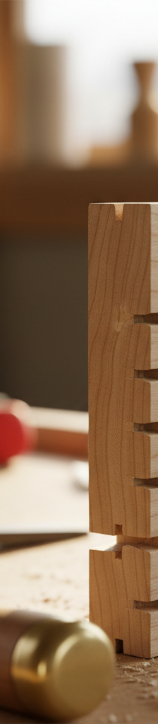 A close-up of a perfectly interlocked hand-cut dovetail joint in walnut and maple, showing the tight fit between pins and tails.