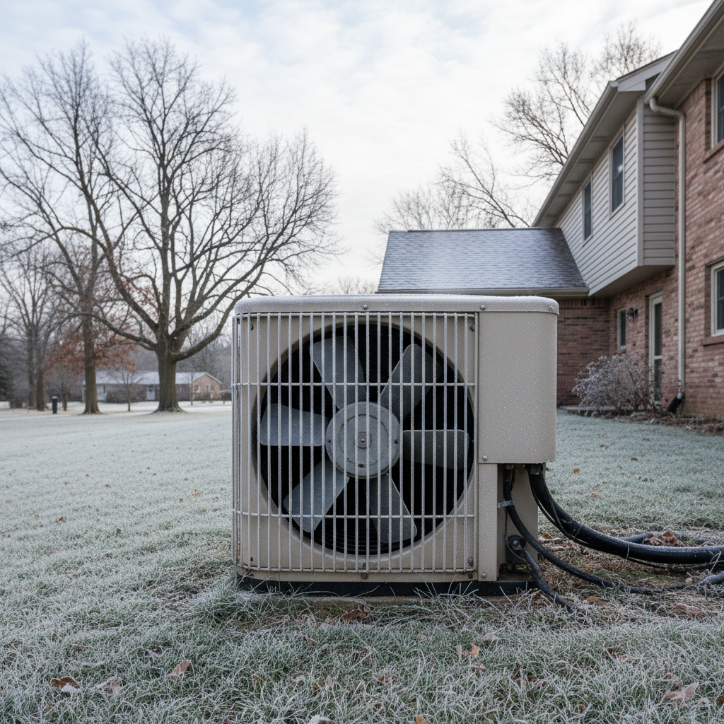 A snow-covered heat pump unit on the side of a house, struggling to work in the freezing winter weather.