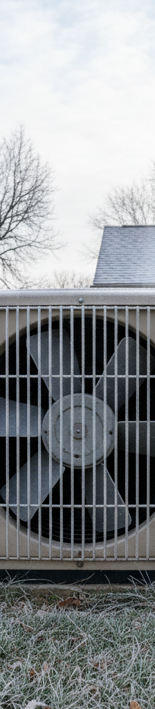 A snow-covered heat pump unit on the side of a house, struggling to work in the freezing winter weather.