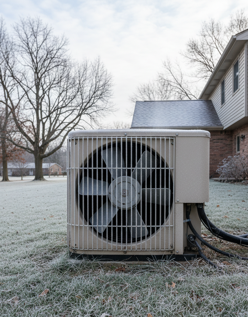 A snow-covered heat pump unit on the side of a house, struggling to work in the freezing winter weather.