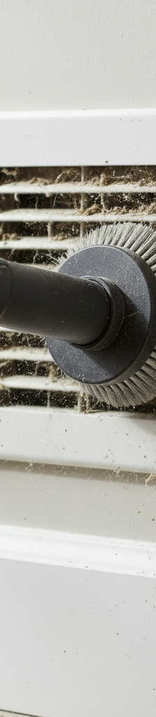 A close-up shot of a person wearing yellow rubber gloves using a screwdriver to remove a large, dusty air return grille from a white wall.