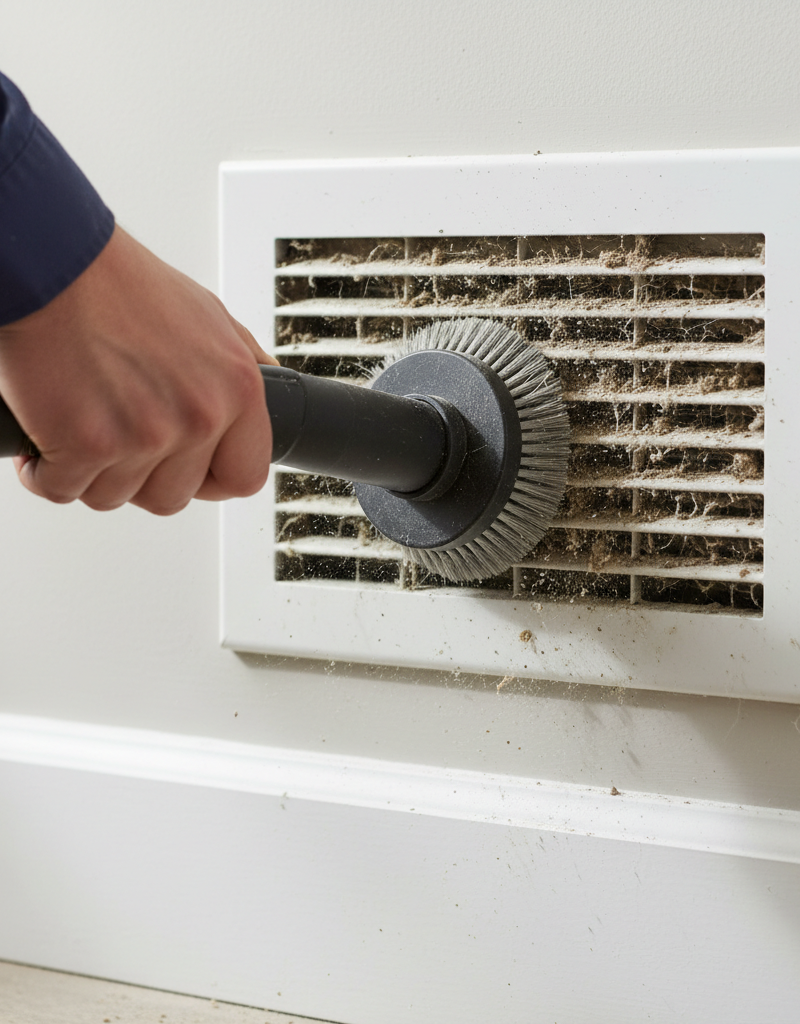 A close-up shot of a person wearing yellow rubber gloves using a screwdriver to remove a large, dusty air return grille from a white wall.