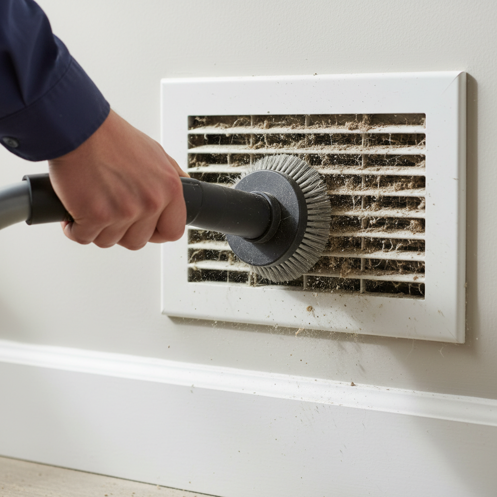 A close-up shot of a person wearing yellow rubber gloves using a screwdriver to remove a large, dusty air return grille from a white wall.