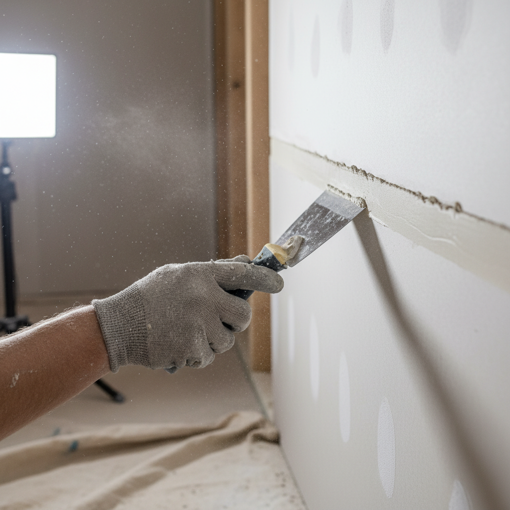 A close-up shot showing a hand using a utility knife to carefully cut out a section of bubbling drywall tape from a painted white wall.