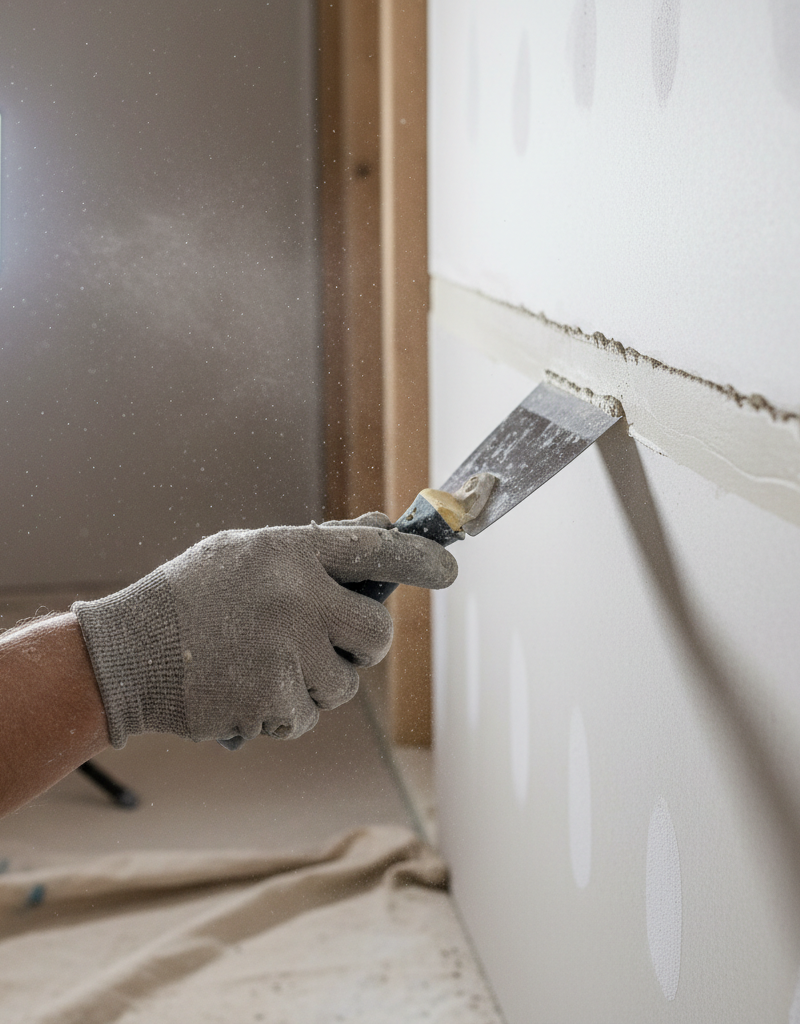 A close-up shot showing a hand using a utility knife to carefully cut out a section of bubbling drywall tape from a painted white wall.