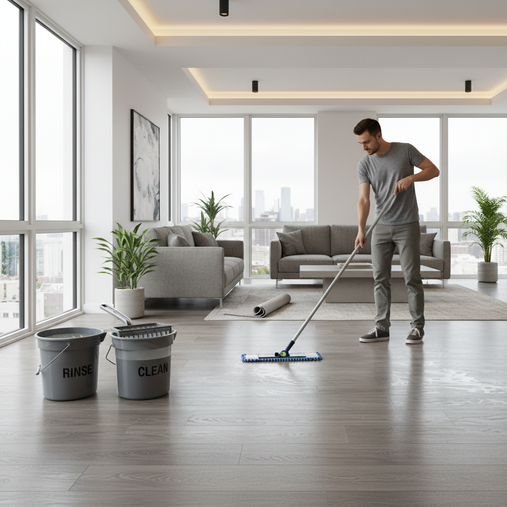 A frustratingly streaky and dull luxury vinyl plank floor with a mop and bucket in the background.