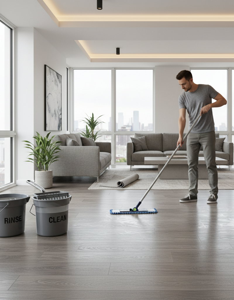 A frustratingly streaky and dull luxury vinyl plank floor with a mop and bucket in the background.