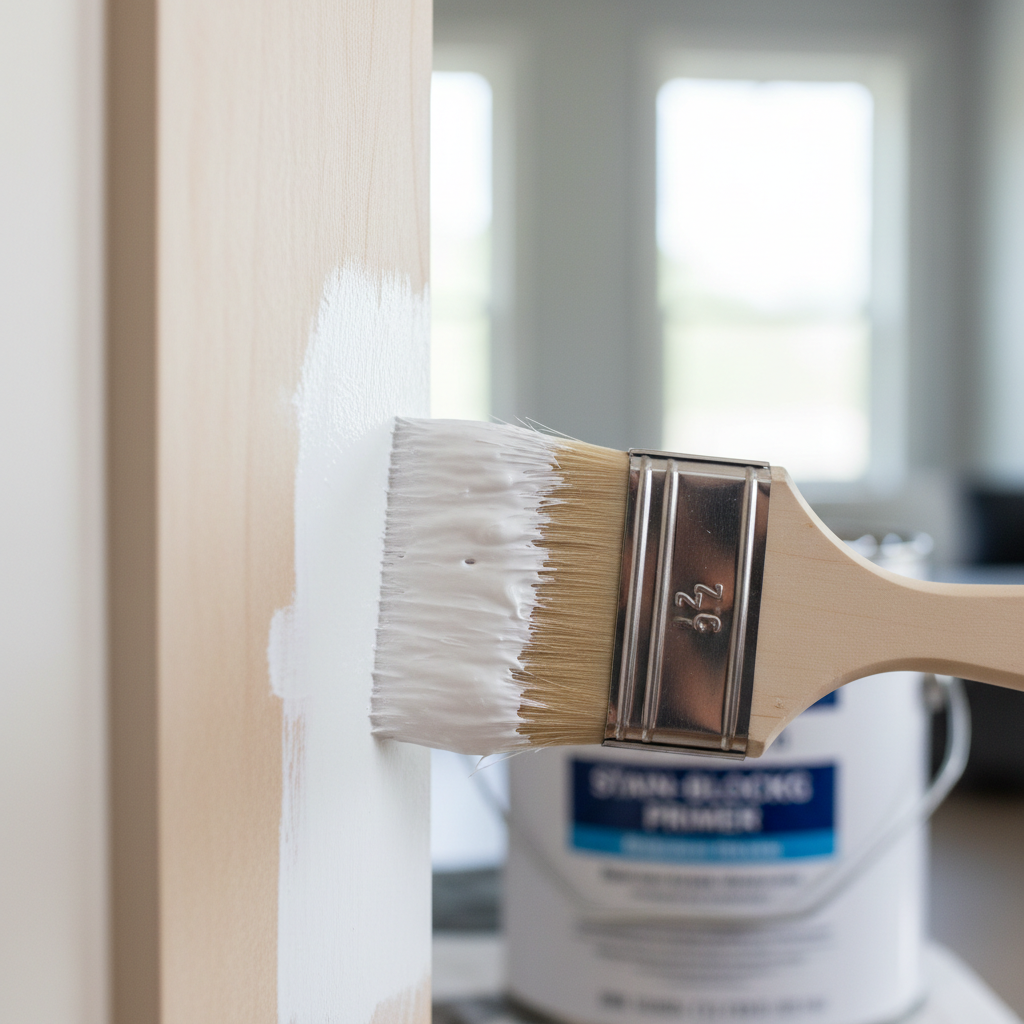 Close-up of yellowed white painted trim next to a freshly painted crisp white section.