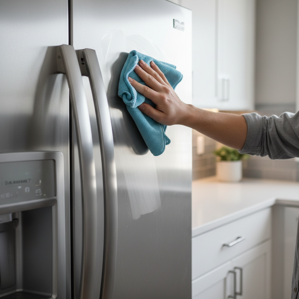A person's hand leaving a perfect fingerprint on the door of a modern stainless steel refrigerator.