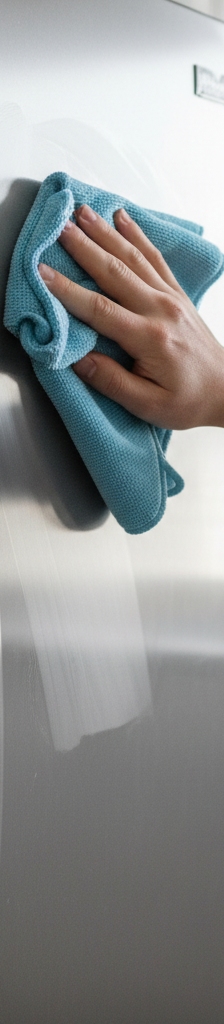 A person's hand leaving a perfect fingerprint on the door of a modern stainless steel refrigerator.