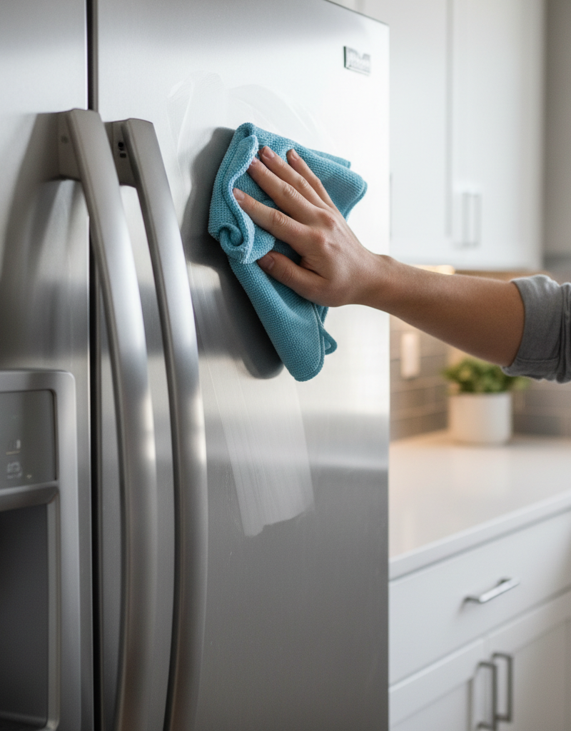A person's hand leaving a perfect fingerprint on the door of a modern stainless steel refrigerator.