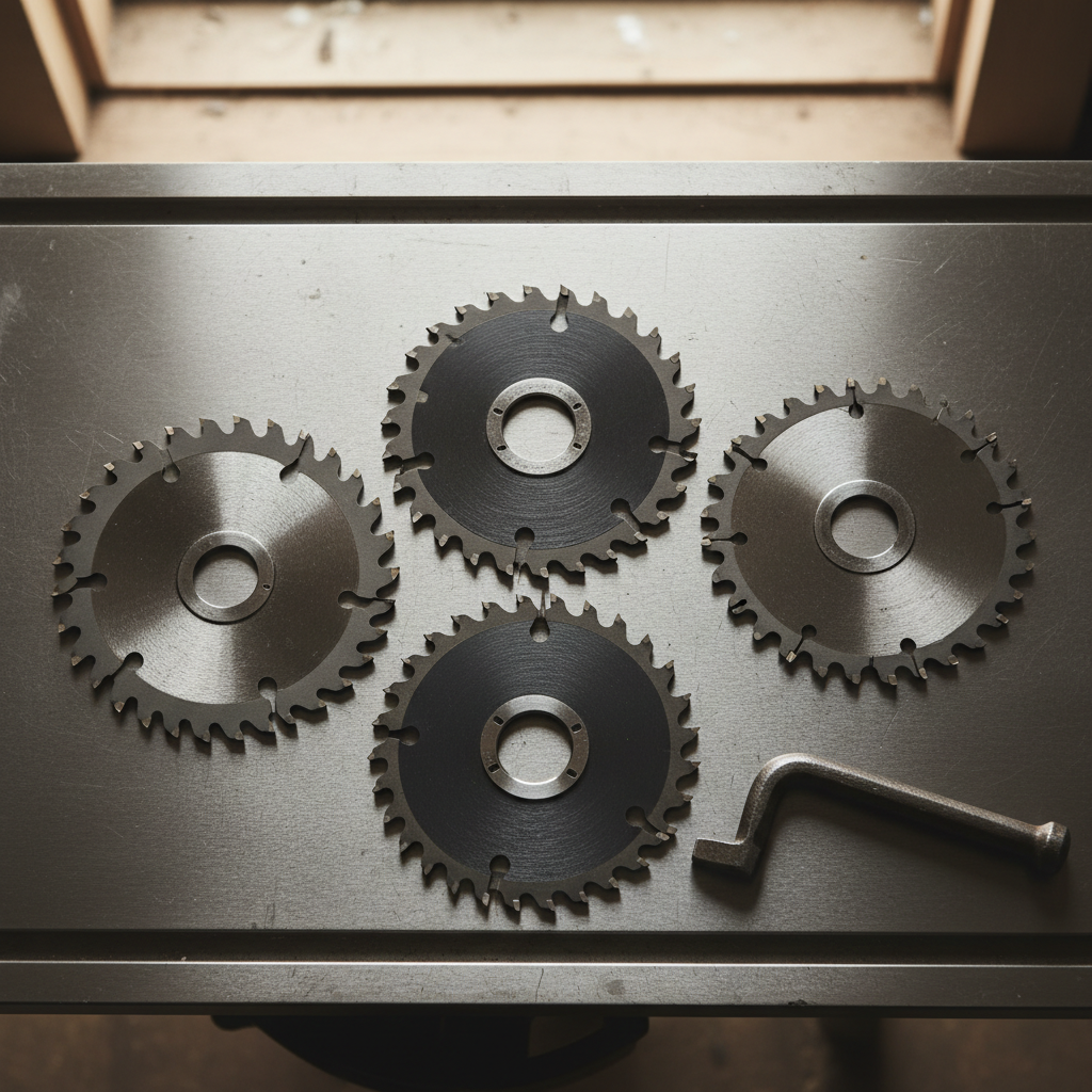 A close-up of a high-quality Forrest Woodworker II combination table saw blade showing the carbide teeth.
