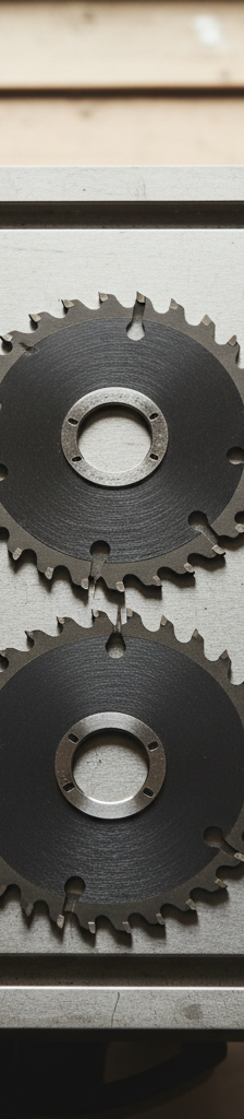 A close-up of a high-quality Forrest Woodworker II combination table saw blade showing the carbide teeth.