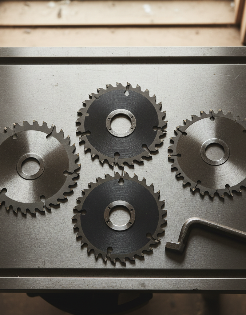 A close-up of a high-quality Forrest Woodworker II combination table saw blade showing the carbide teeth.