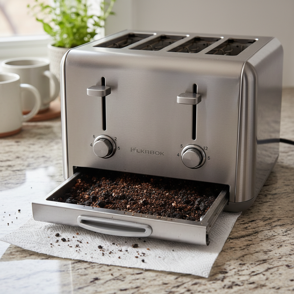 A modern stainless steel toaster with a slice of bread popping out, sitting on a clean kitchen counter next to a circuit breaker panel.