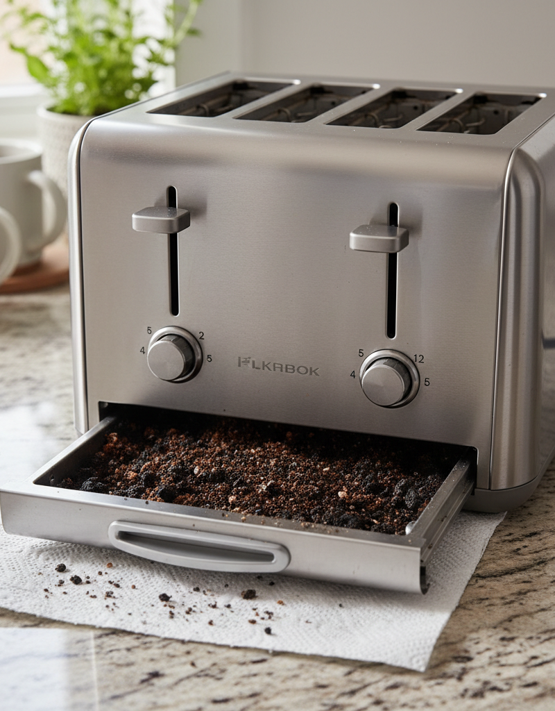 A modern stainless steel toaster with a slice of bread popping out, sitting on a clean kitchen counter next to a circuit breaker panel.