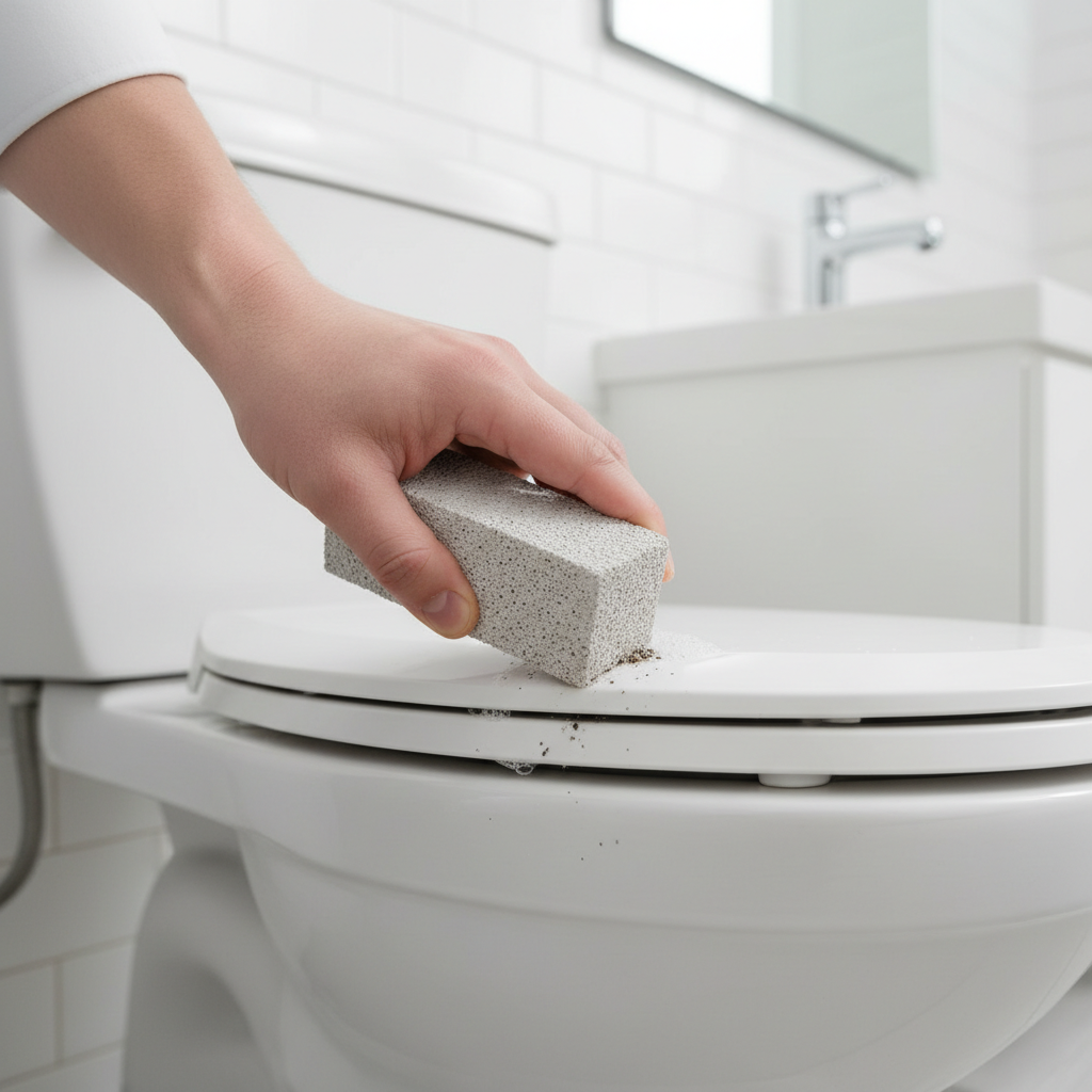A pristine, clean white toilet bowl with a hand holding a pumice stone stick next to it, demonstrating the tool used for cleaning hard water rings.
