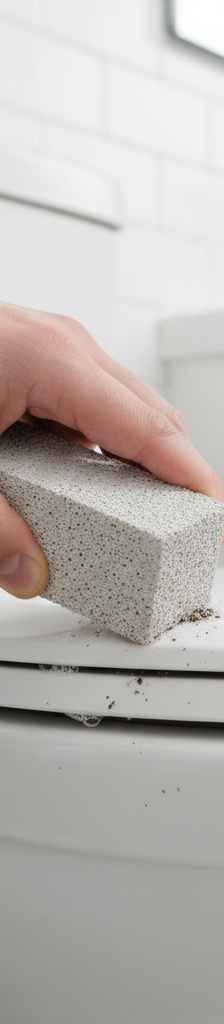 A pristine, clean white toilet bowl with a hand holding a pumice stone stick next to it, demonstrating the tool used for cleaning hard water rings.