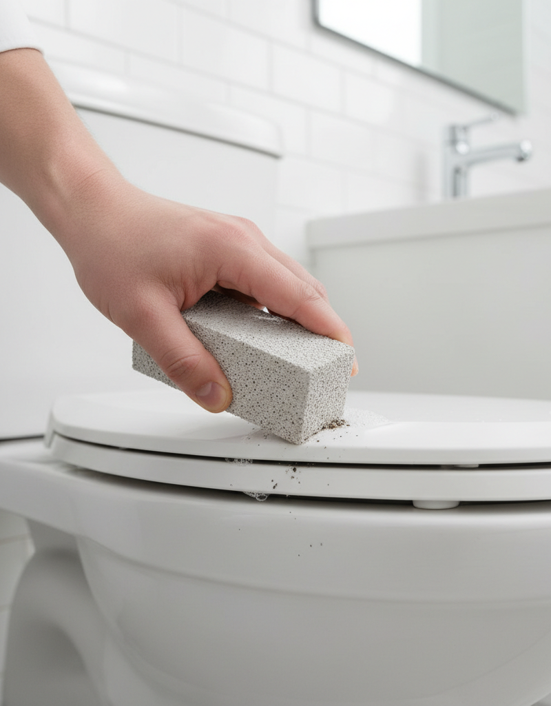 A pristine, clean white toilet bowl with a hand holding a pumice stone stick next to it, demonstrating the tool used for cleaning hard water rings.