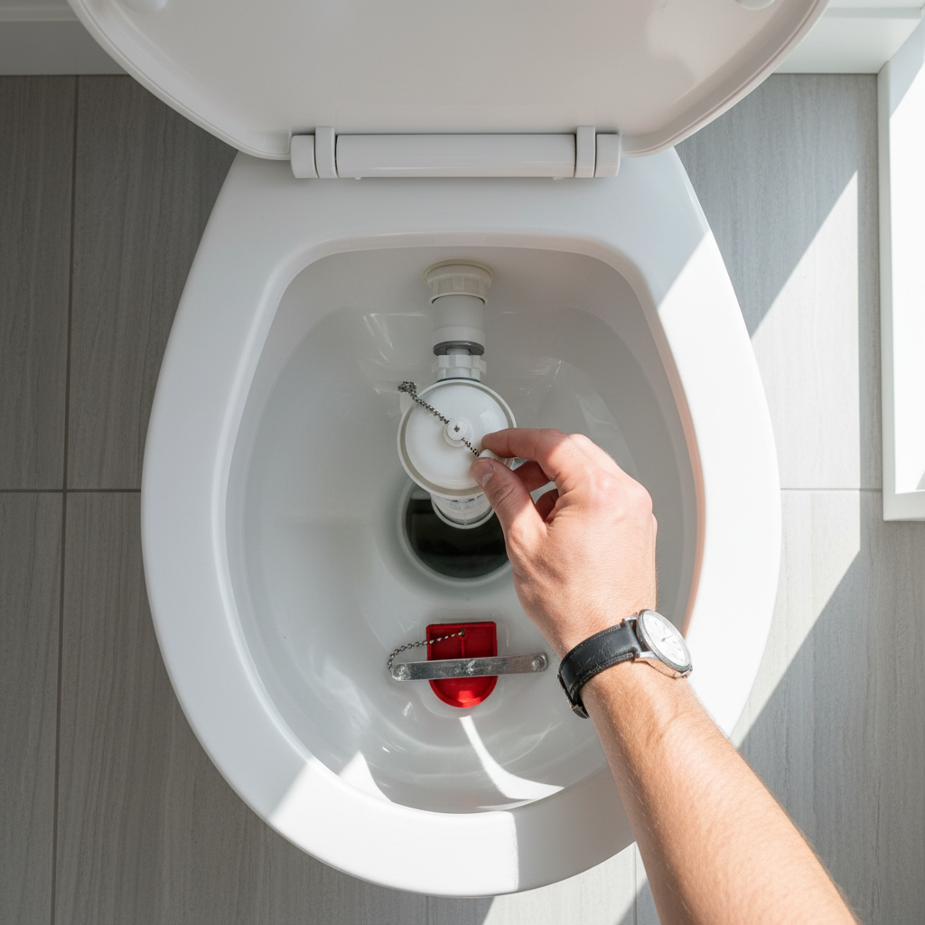 A homeowner looking inside a toilet tank, trying to diagnose why the toilet keeps running every few minutes.